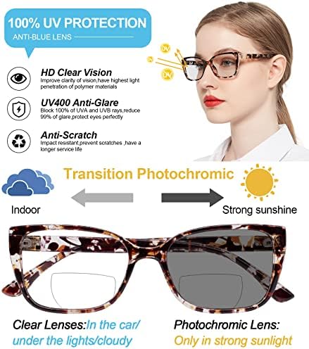 Occi Chiari מעבר משקפי קריאה ביפוקליים פוטו -כרומיים לנשים, משקפי שמש ברורים של UV ברורים קוראים משקפי