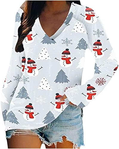 החג שמח טוניקת חולצות לנשים מקרית צווארון אופנה הדפסת קרוע חולצה חג רופף מתאים בסיסי טיז חולצות