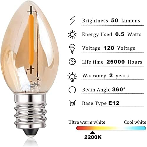ג7 נורת נר לילה לד 0.5 וואט, 12 נורת מנורה לבנה חמה, 5 וואט 6 וואט 7 וואט שווה ערך ליבון, 2200 אלף נורות