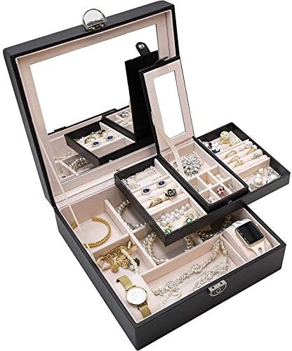 קופסת תכשיטים דו-שכבתית של Hewady עם קופסת אחסון ניידת של מראה עם קיבולת גדולה לתכשיטים ושעונים