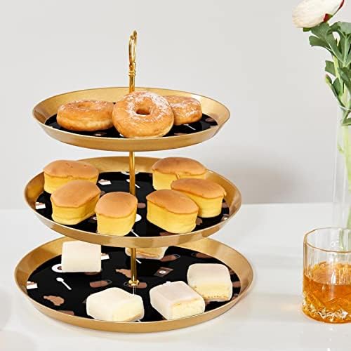עמדת עוגות עם מגש הגשת מוזהב, 3 דוכן תצוגת מאפה עגול עגול, דפוס קפה של מגדל עץ עוגות עוגות עוגות.