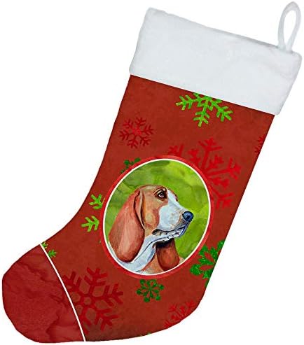 אוצרות קרוליין LH9332-CS כלב באסט אדום וירוק פתיתי שלג ירוק חג מולד חג המולד, אח תלויה גרביים לעונה