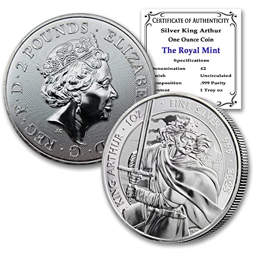 2023 1 גרם המלך הבריטי סילבר קינג ארתור מטבע על ידי המנטה המלכותית מבריק ללא מחלה בתעודת האותנטיות של