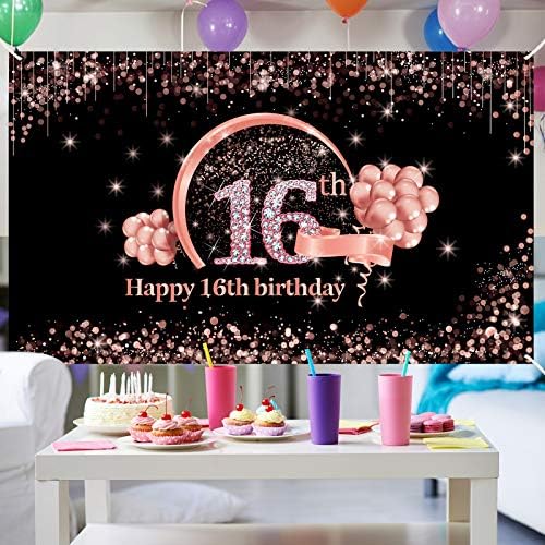Lnlofen קישוטי כרזות ליום הולדת 16 לילדות, ציוד תפאורת תפאורה של מסיבת יום הולדת גדולה בת 16, זהב רוז