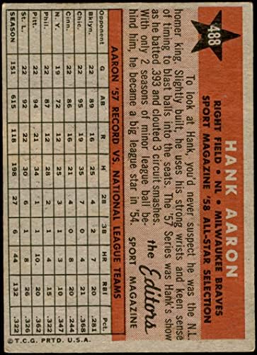 1958 Topps 488 האולסטאר האנק אהרון מילווקי בראבס VG/EX+ Braves