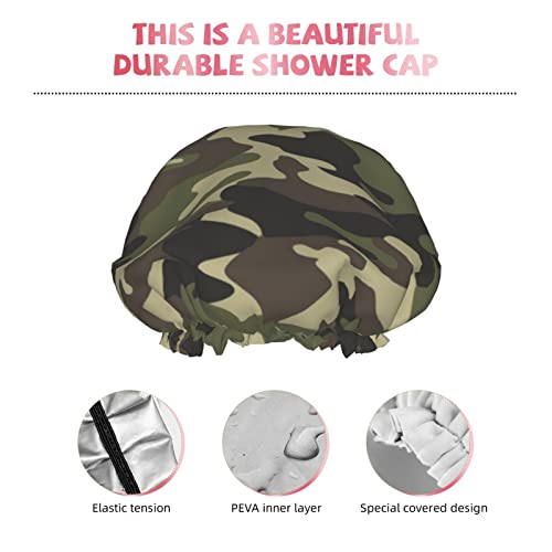 כובע מקלחת מודפס של CAMO צבאי ירוק כובע רחצה אטום למים כובע שיער רחצה לשימוש חוזר לשיער ארוך, שיער מתולתל,