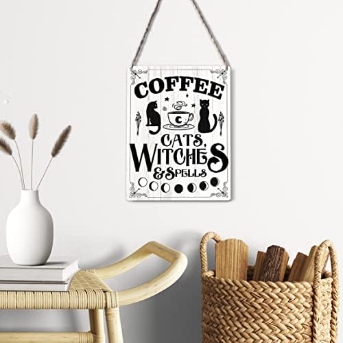 שלטי מטבח מצחיקים תפאורה קיר עץ כפרי לוחית קפה חתולים מכשפות ומירים שלט תלייה עץ קישוט אמנות מכשפה לדלת