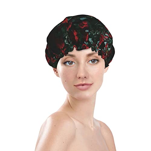 כובע מקלחת מודפס של ורד אדום ושחור, כובעי אמבטיה לשימוש חוזר למים לנשים, גברים, בנים וסלון ספא בנות