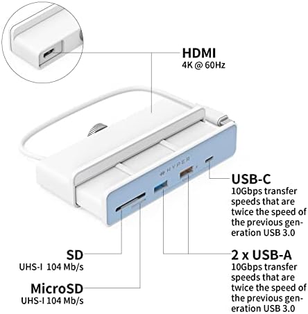 הנעת iMac רכזת USB מתאם, 6in1 iMac אביזרים: HDMI 4K60Hz, USB-C 10Gbps, 2 USB-A 10Gbps, SD UHS-I, MicroSD