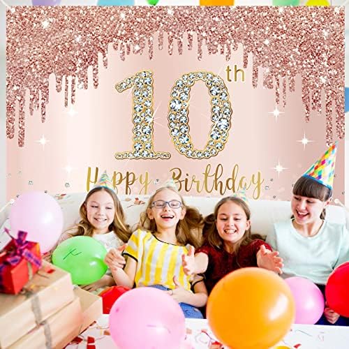 קישוטי תפאורה של באנר יום הולדת 10 שמח לבנות, זהב ורד ציוד שלט מסיבת יום הולדת בן 10, ורוד עשרה פוסטר